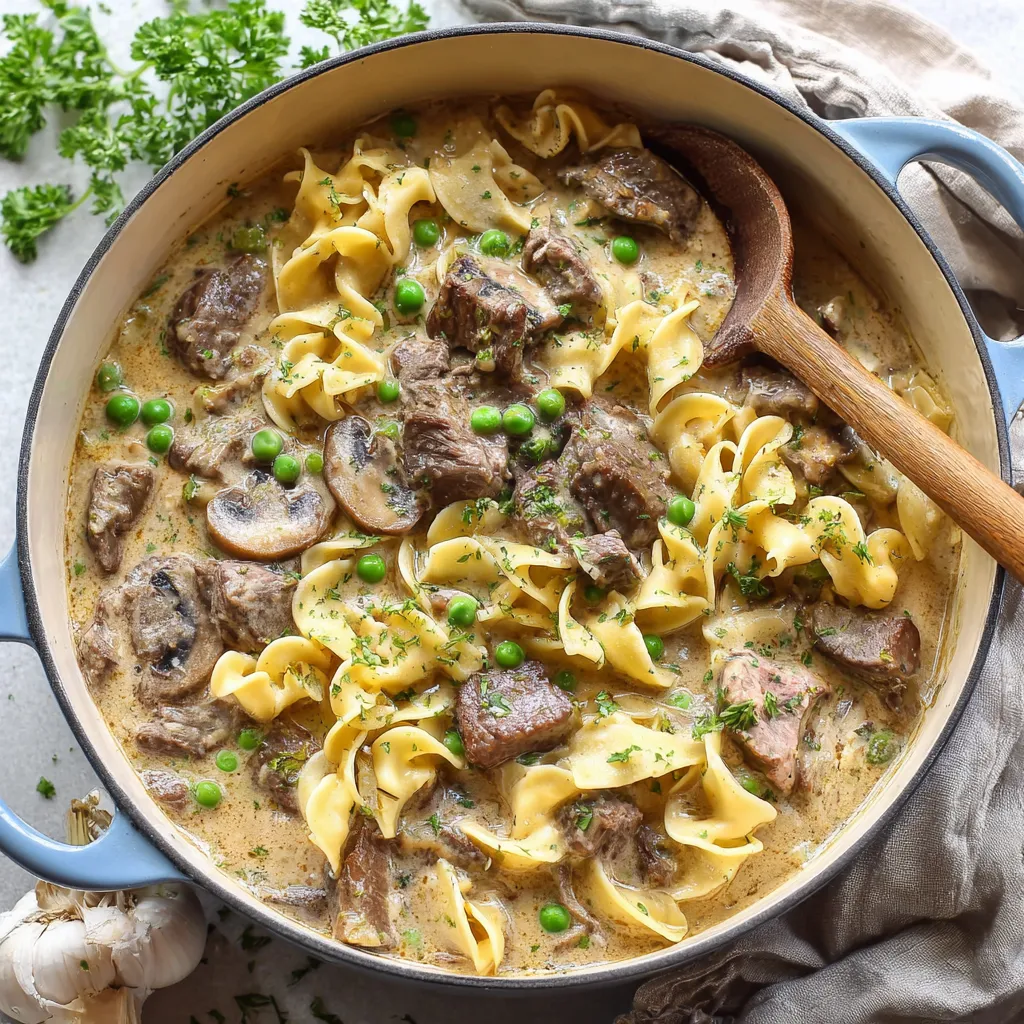 A bowl of beef stroganoff soup with noodles and mushrooms.