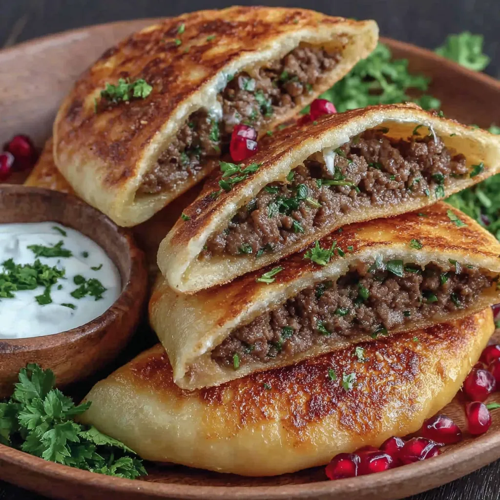 A plate of meat stuffed pita bread.