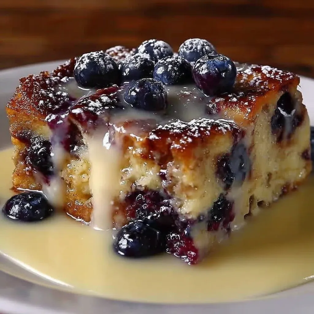 A sausage blueberry pancake bake with a syrup drizzle.