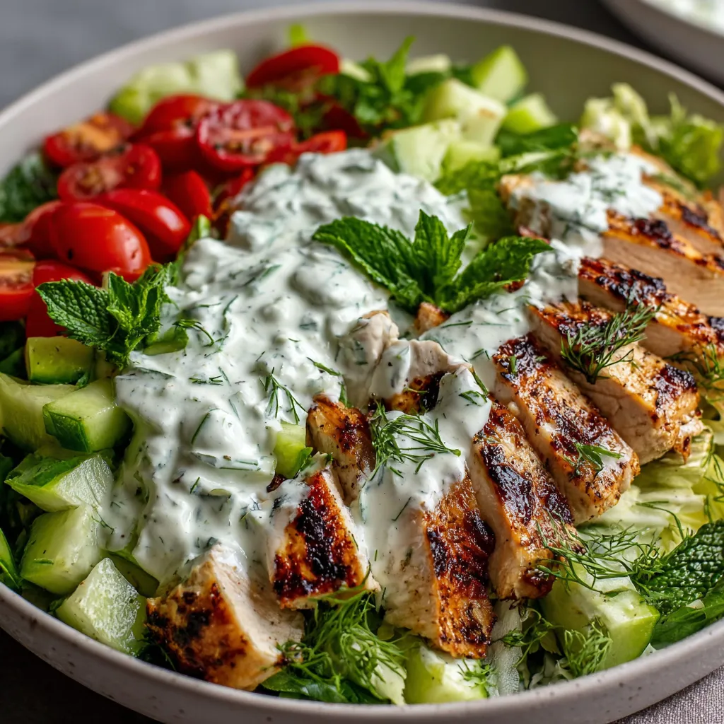 A bowl of chicken salad with tomatoes, cucumbers, and mint.
