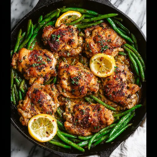 A skillet with chicken thighs and green beans.