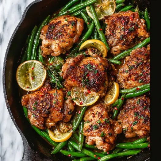 A skillet with chicken thighs and green beans.