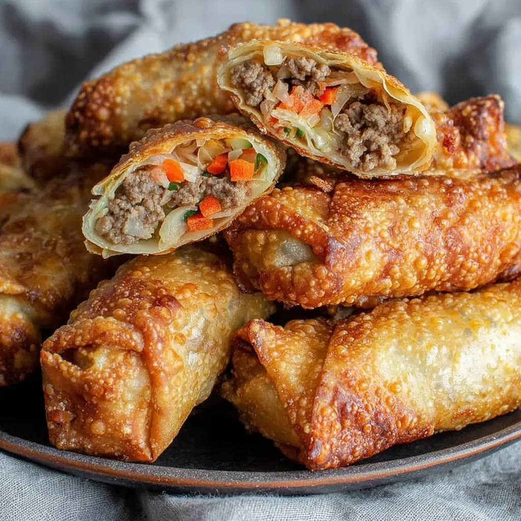 Golden brown egg rolls bursting with meat and vegetables.