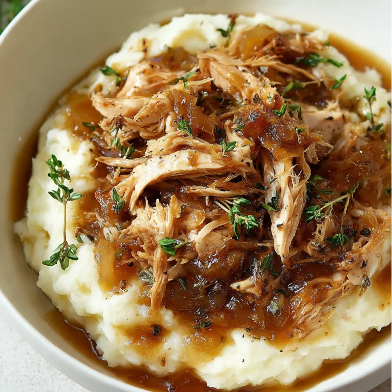 A bowl of French onion chicken.