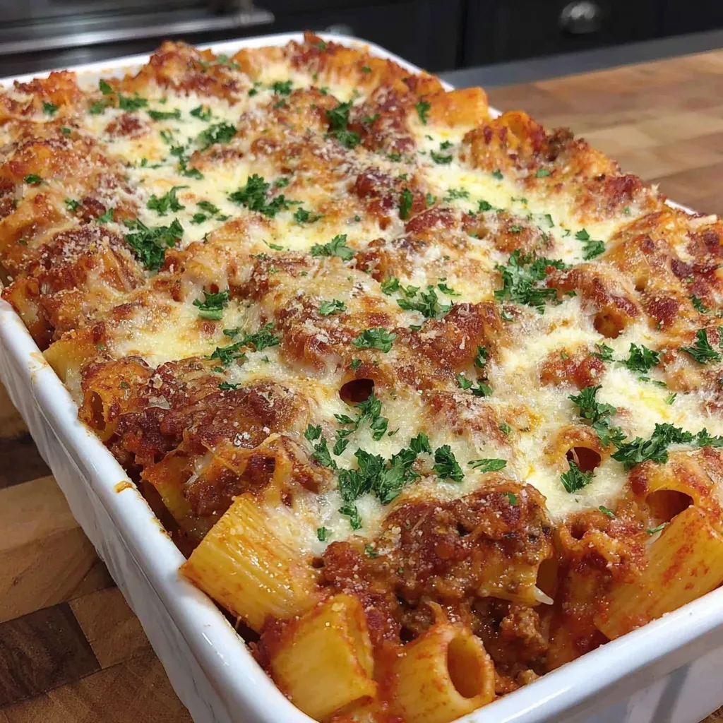A baked rigatoni casserole with cheese and herbs.