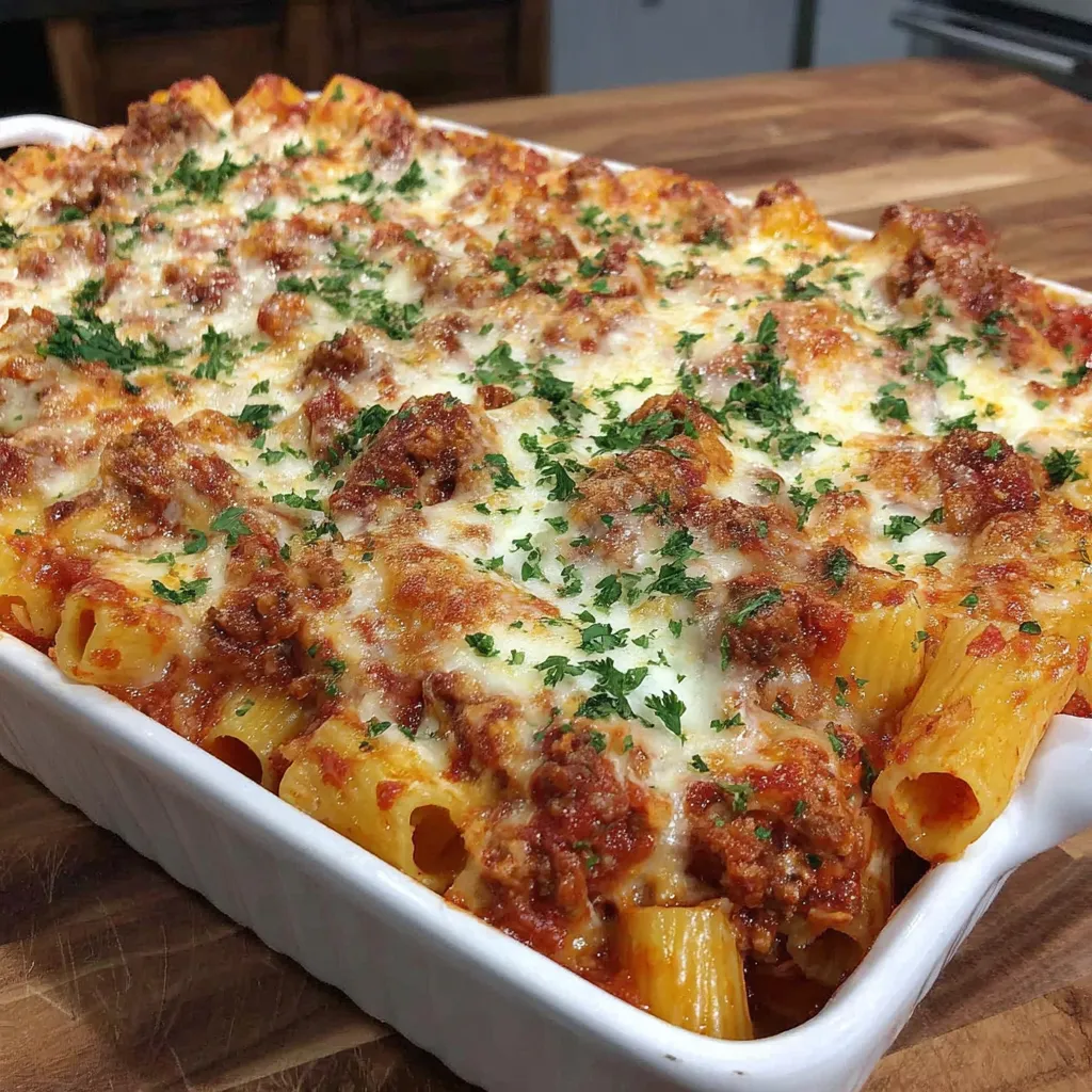 A baked rigatoni casserole with cheese and meat.
