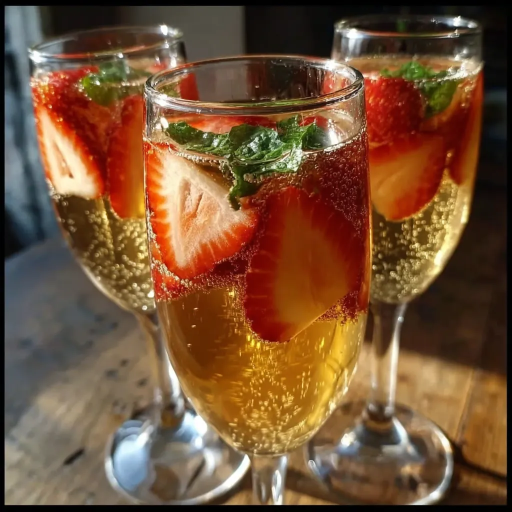 Three glasses of champagne with strawberries in them.