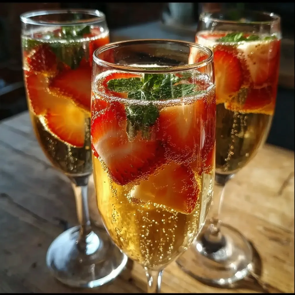 Three glasses of champagne with strawberries in them.