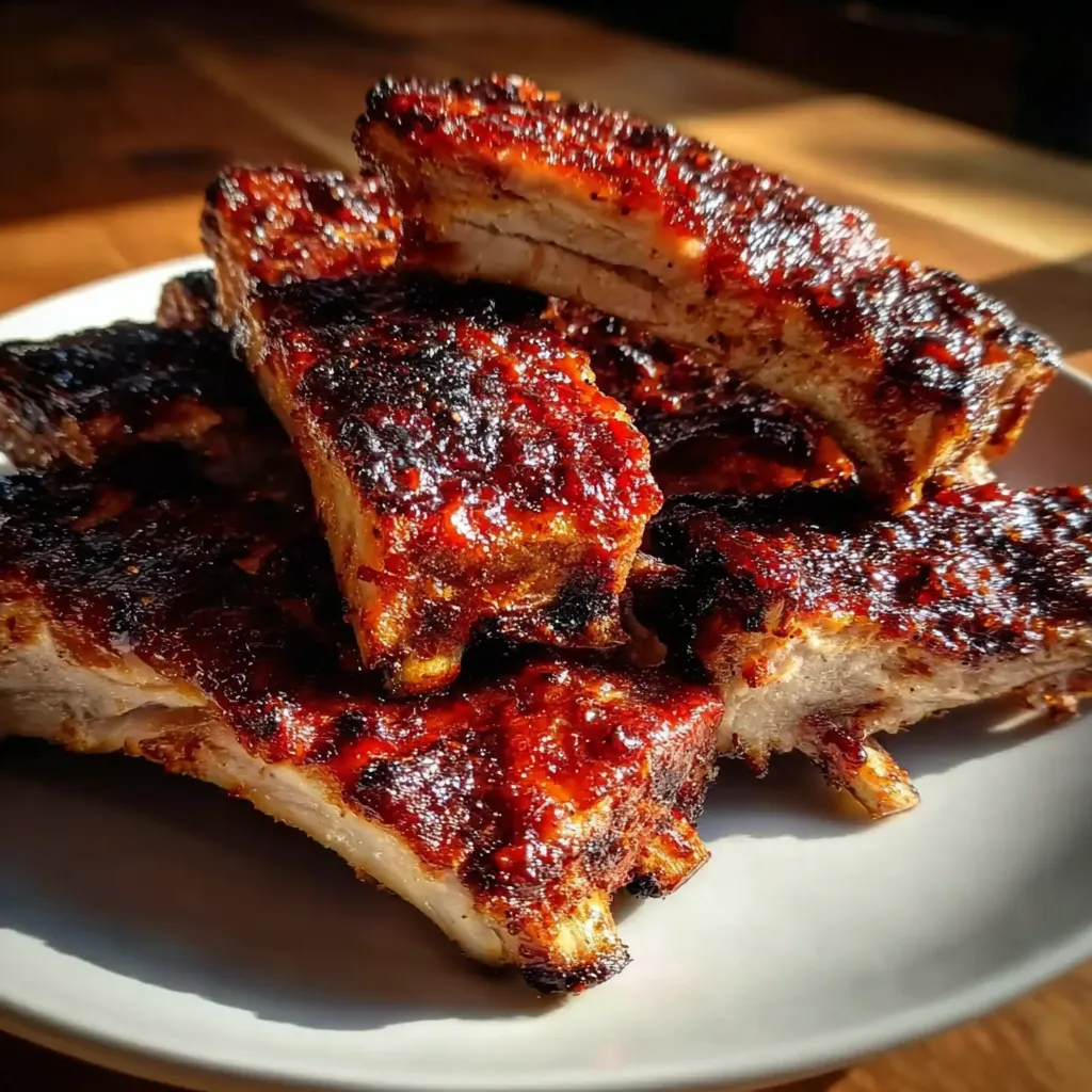 A plate of BBQ ribs with a wooden table in the background.