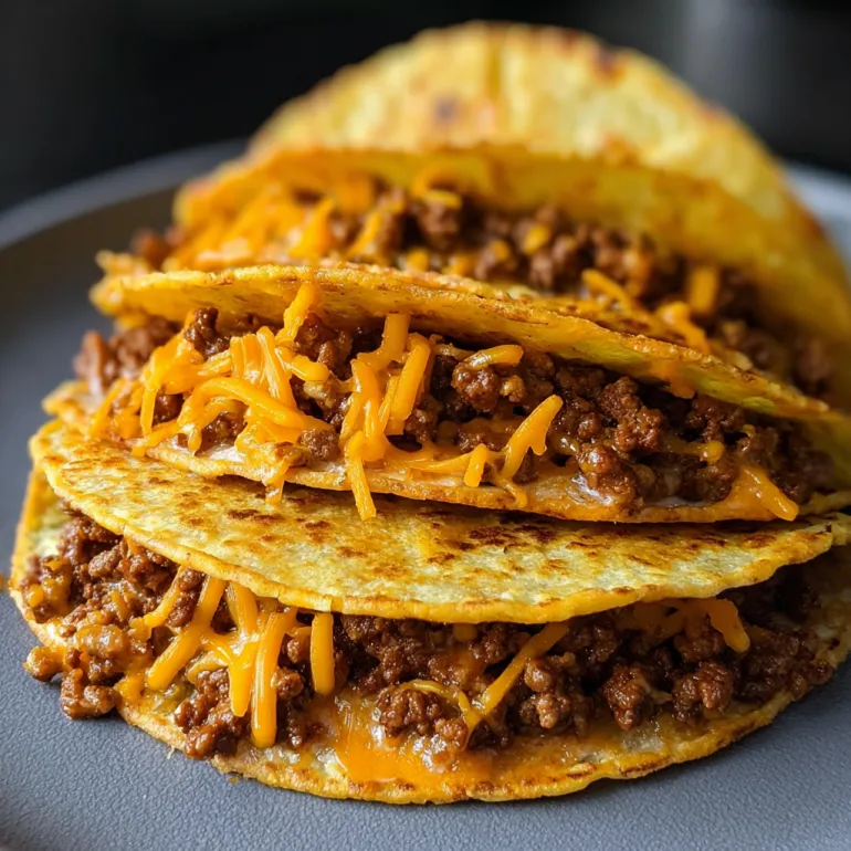 Three tacos with ground beef on top.