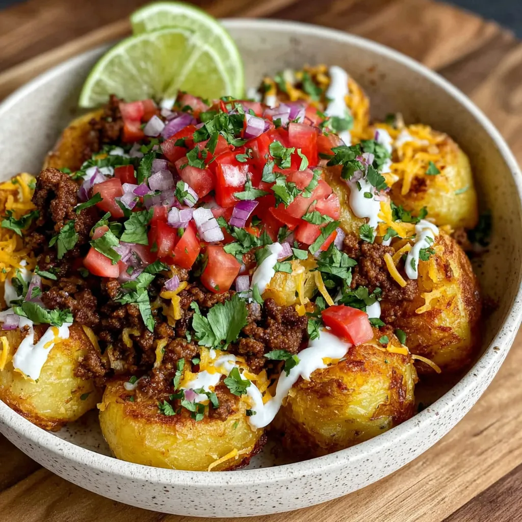 A bowl of loaded potatoes with tomatoes, cheese, and sour cream.