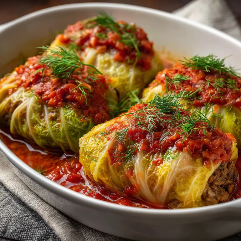 A plate of cabbage rolls with ground beef.