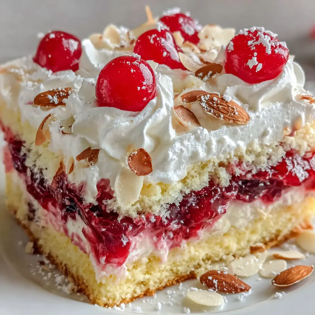 A slice of a cake with white frosting and red cherries.