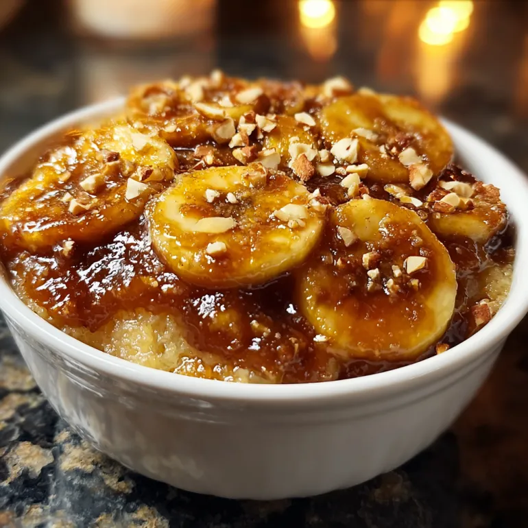 A bowl of bananas foster cobbler.