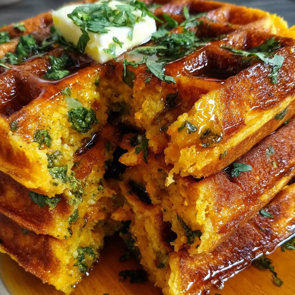 A stack of cornbread waffles with a dollop of butter on top.