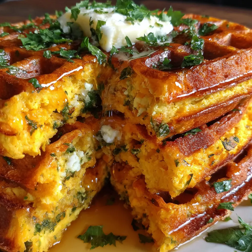 A stack of cornbread waffles with cheese and jalapenos.