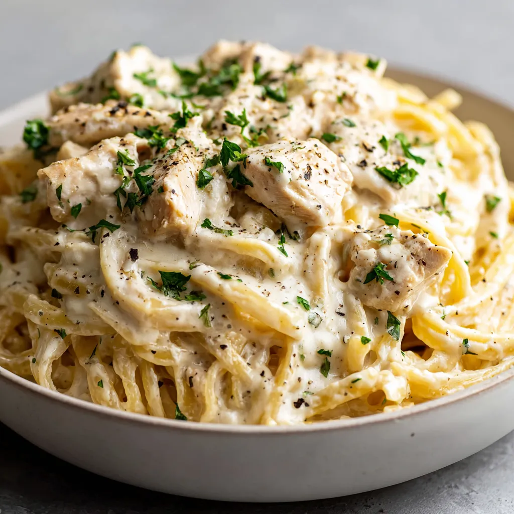 A bowl of chicken Alfredo bake.