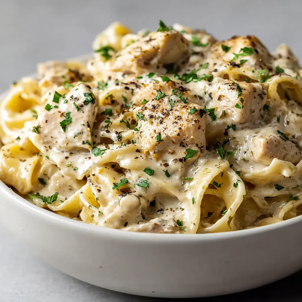 A bowl of chicken alfredo with noodles and cheese.