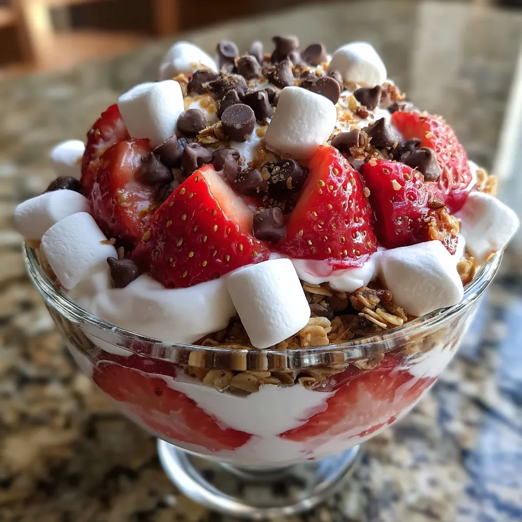 A bowl of fruit and cereal with strawberries and marshmallows.