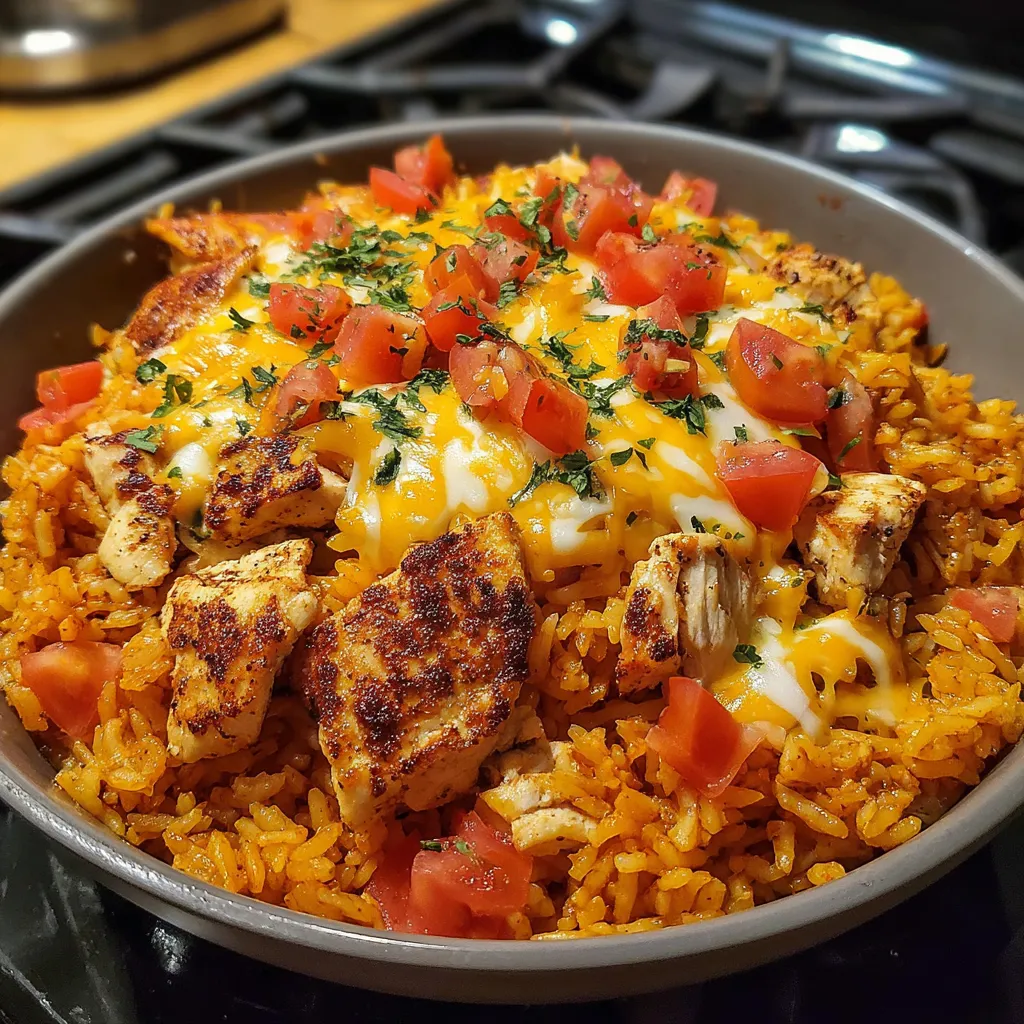 A skillet of chicken, rice, and tomatoes.