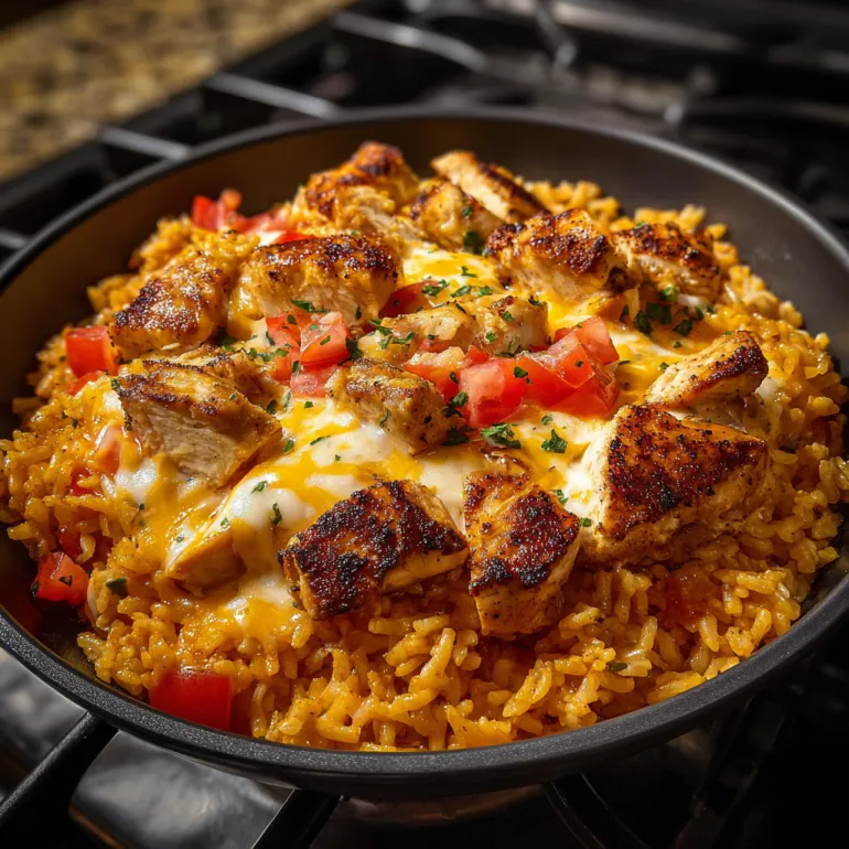 A skillet with chicken, rice, and cheese.