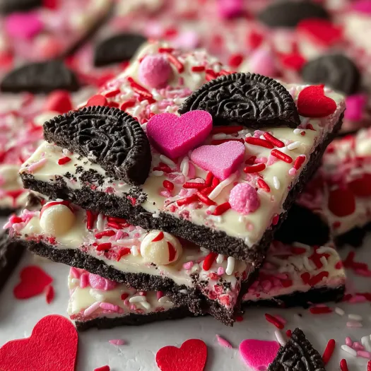 A close up of a Valentine's Day Oreo Cookie Bark.