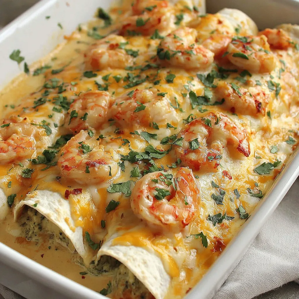 A dish of creamy shrimp enchiladas.