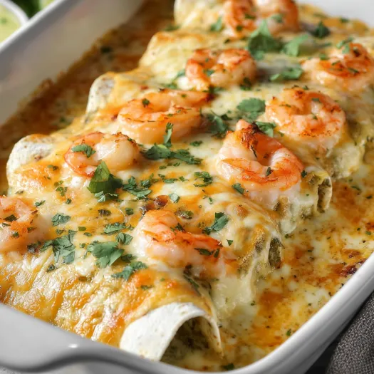 A dish of creamy shrimp enchiladas.