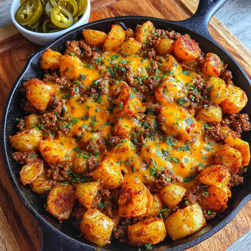 A skillet filled with chili cheese potatoes.
