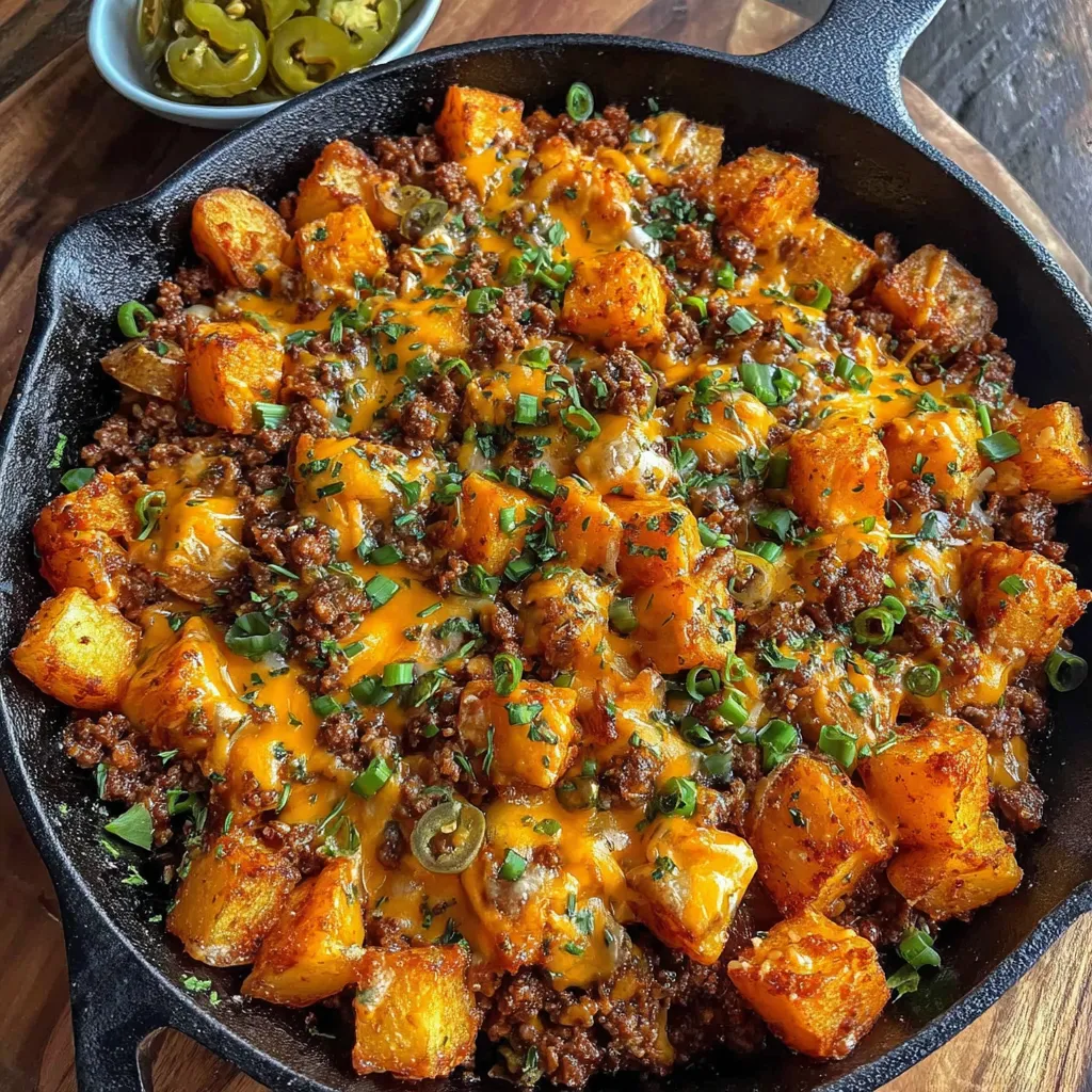 A skillet filled with chili cheese potatoes.