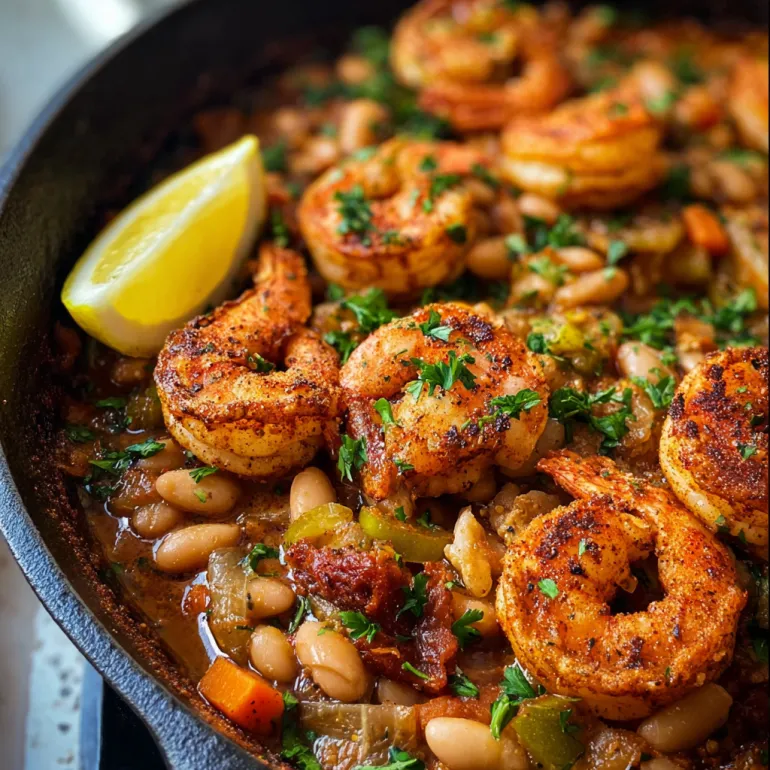 A pan of Cajun Shrimp and Beans.