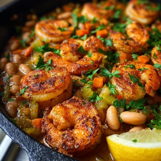 A pan of Cajun Shrimp and Beans.