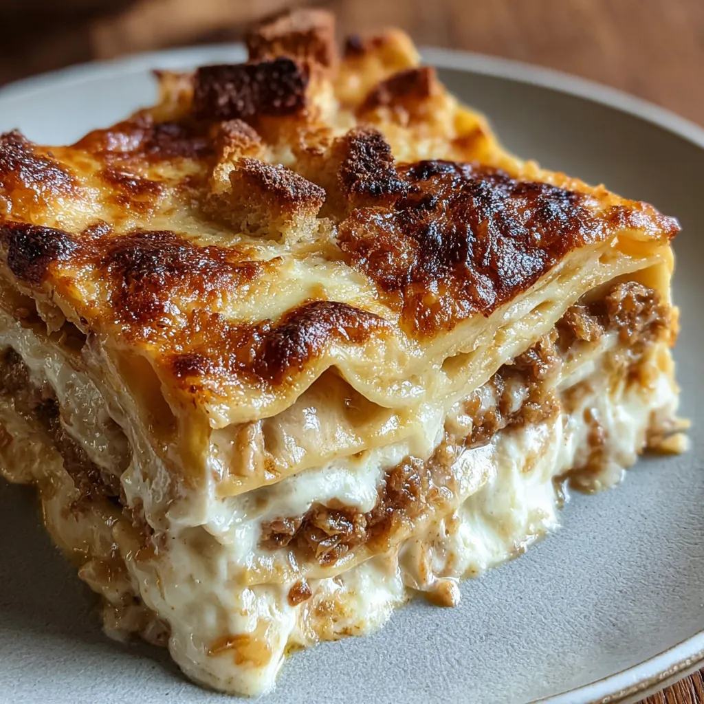 A slice of French onion lasagna on a plate.
