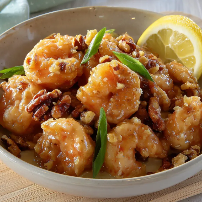A bowl of shrimp with a lemon wedge on top.