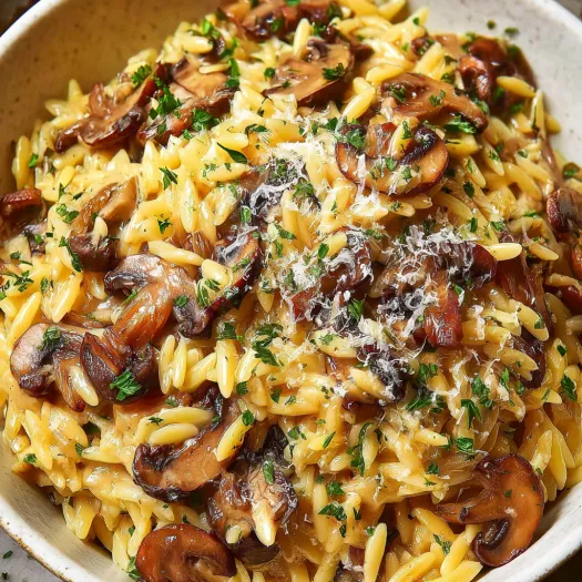 A bowl of pasta with mushrooms and Parmesan cheese.