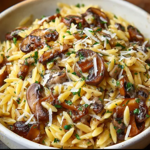 A bowl of Parmesan Mushroom Orzo.