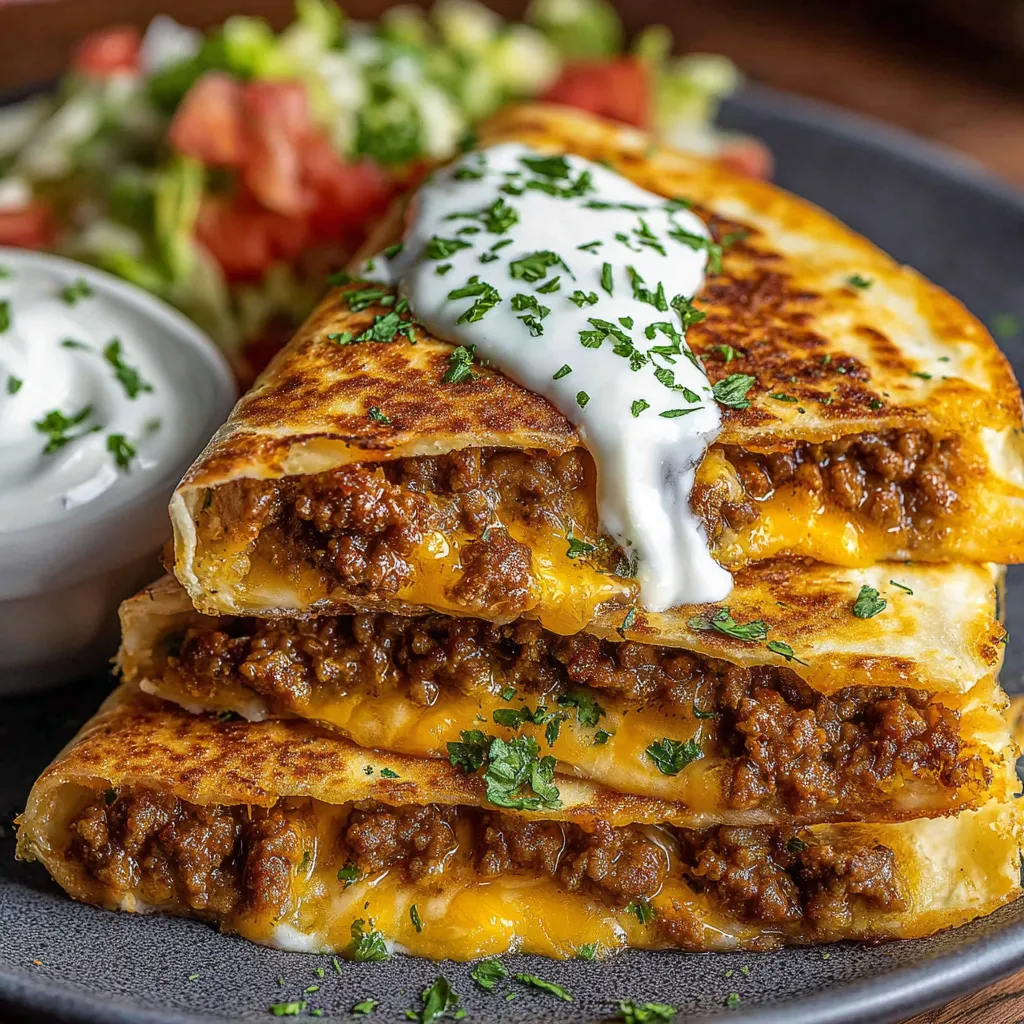 A plate of food with a cheesy taco on top.