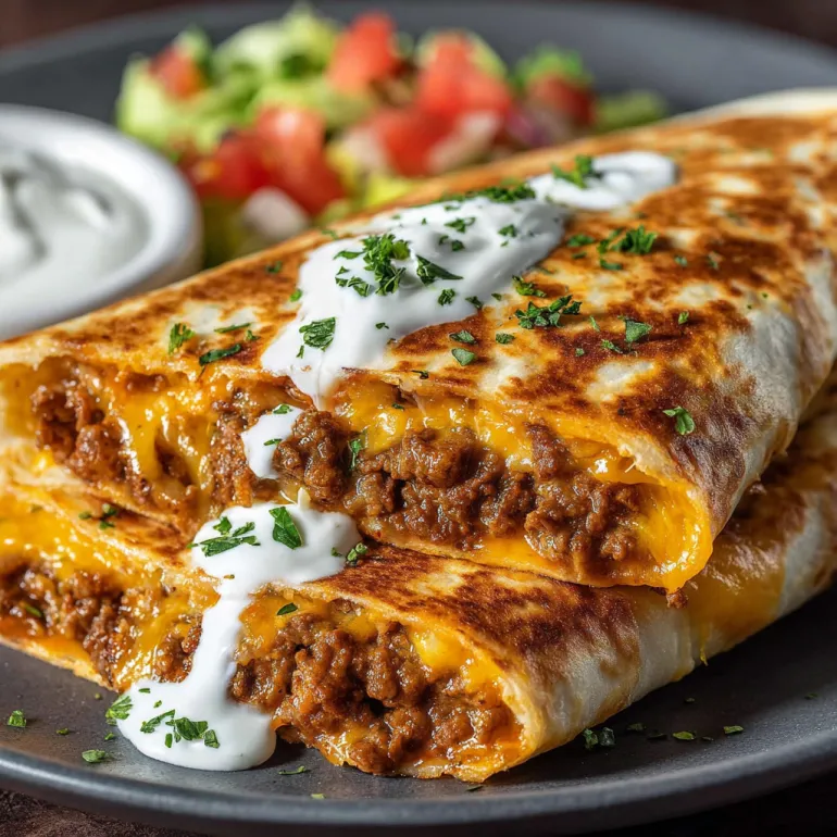 A cheesy taco with meat and tomatoes.