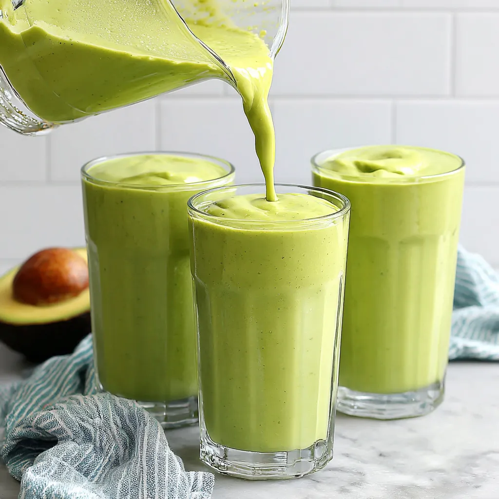A glass of creamy avocado smoothie being poured into another glass.
