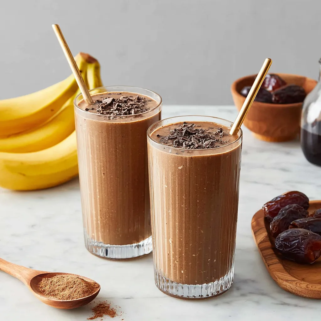 Two glasses of coffee smoothie with bananas and raisins.
