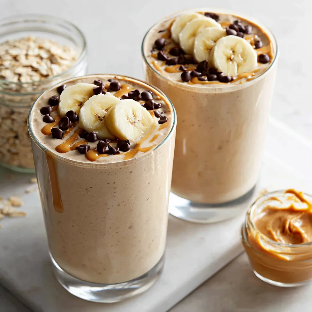 Two glasses of peanut butter banana smoothie.