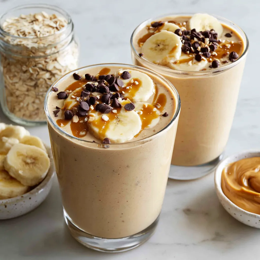 Two glasses of peanut butter banana smoothie.
