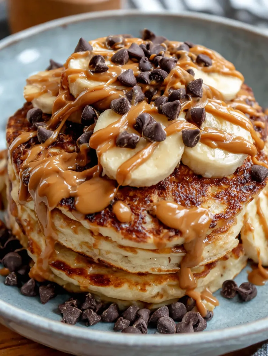 A stack of pancakes with peanut butter and chocolate chips.