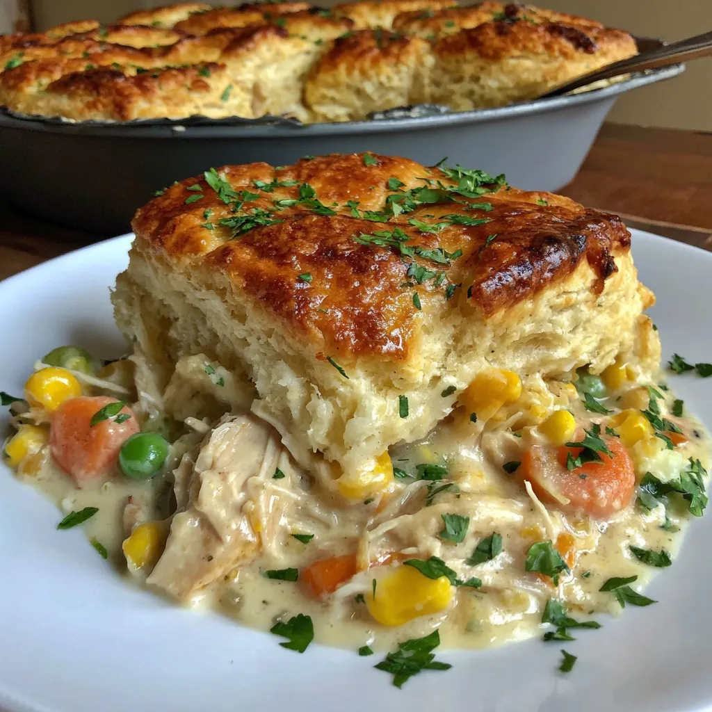 A plate of chicken pot pie with corn and peas.