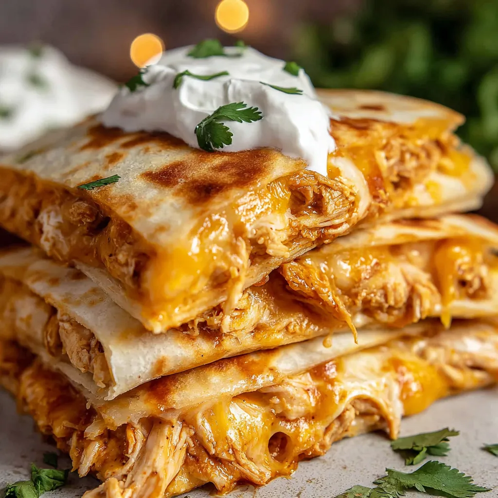 A stack of chicken quesadillas with white cheese on top.