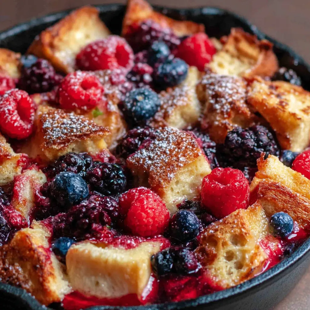 A close up of a triple berry French toast bake.