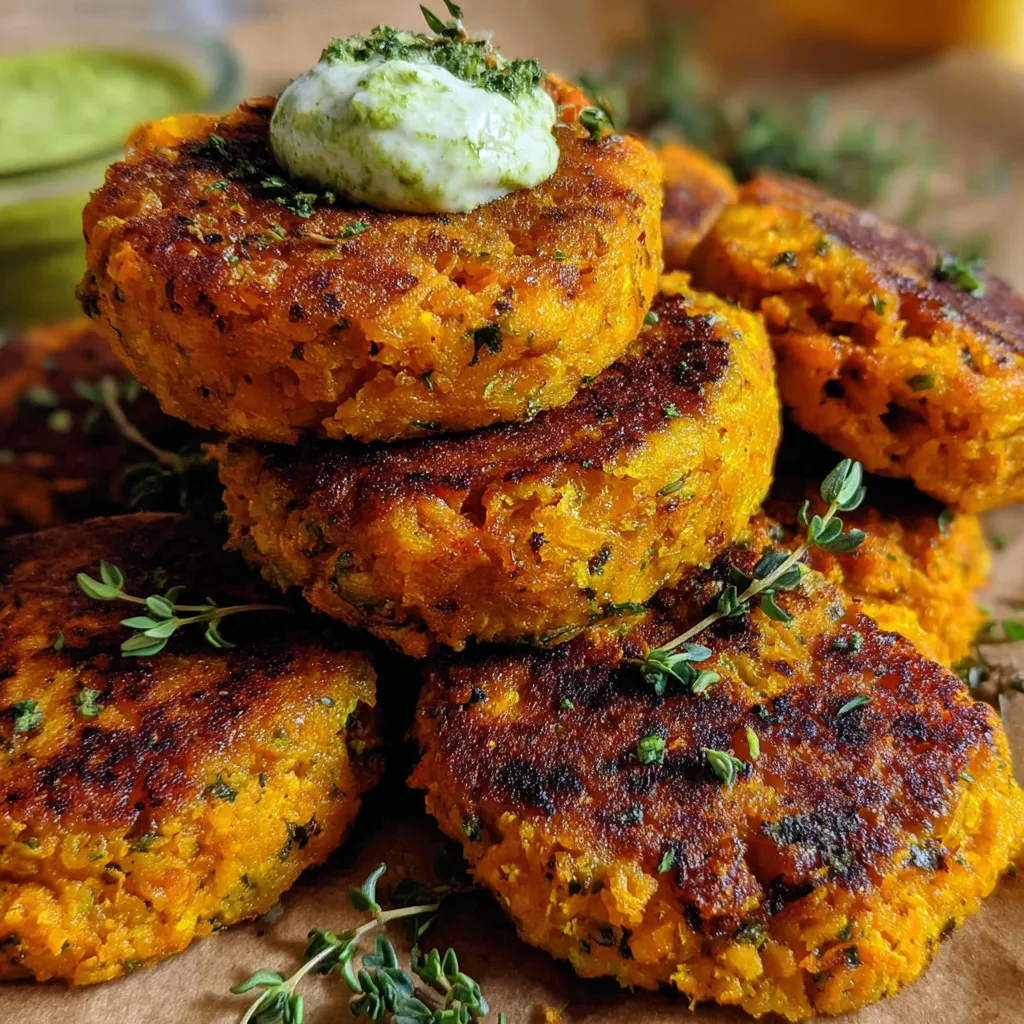Sweet potato patties with herbs on top.