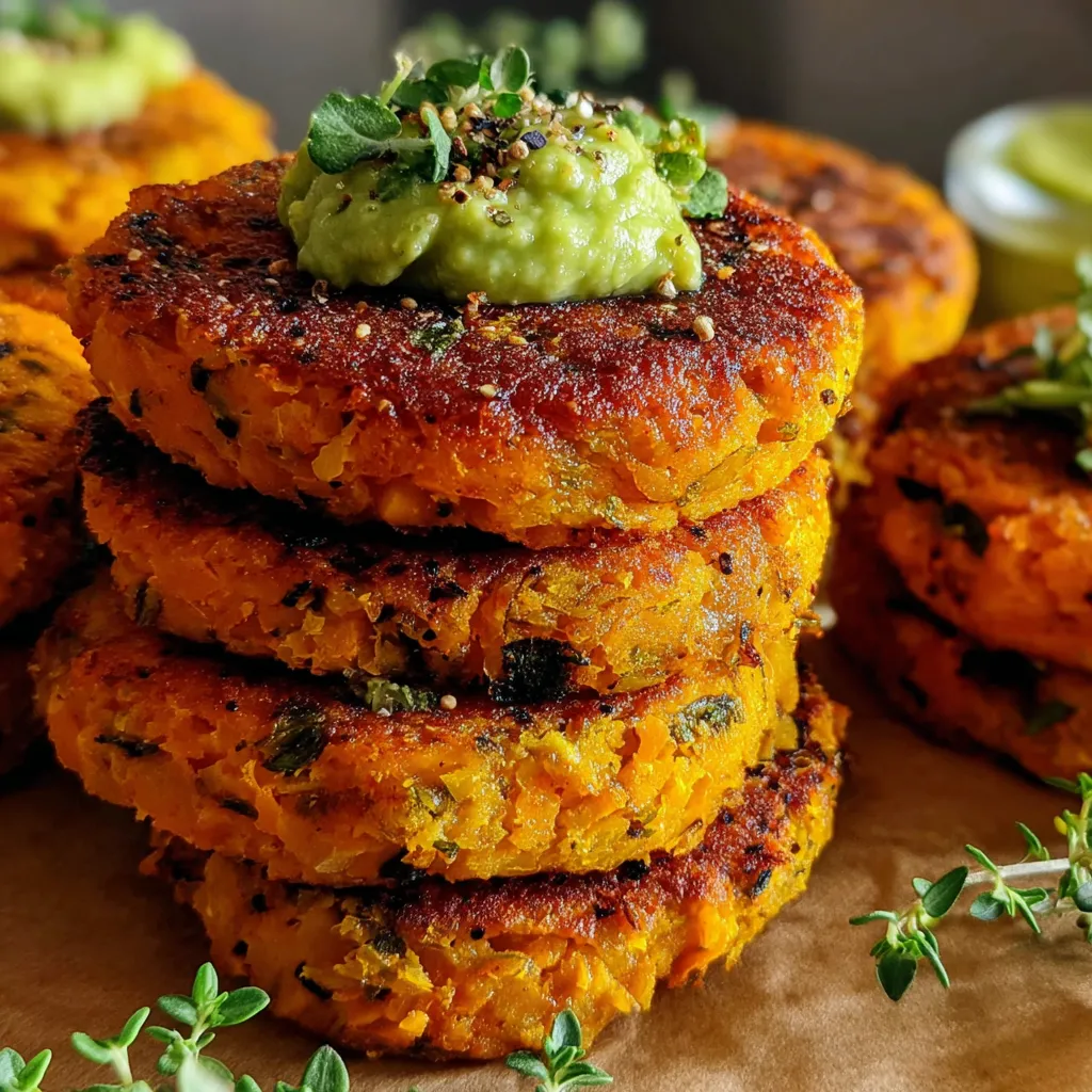 Sweet potato patties with herbs on top.