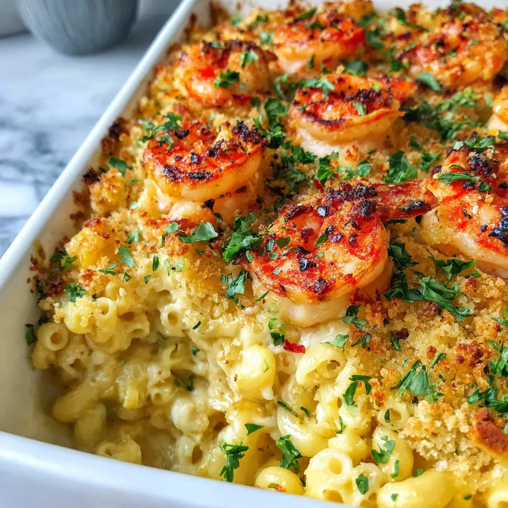 A dish of shrimp mac and cheese.
