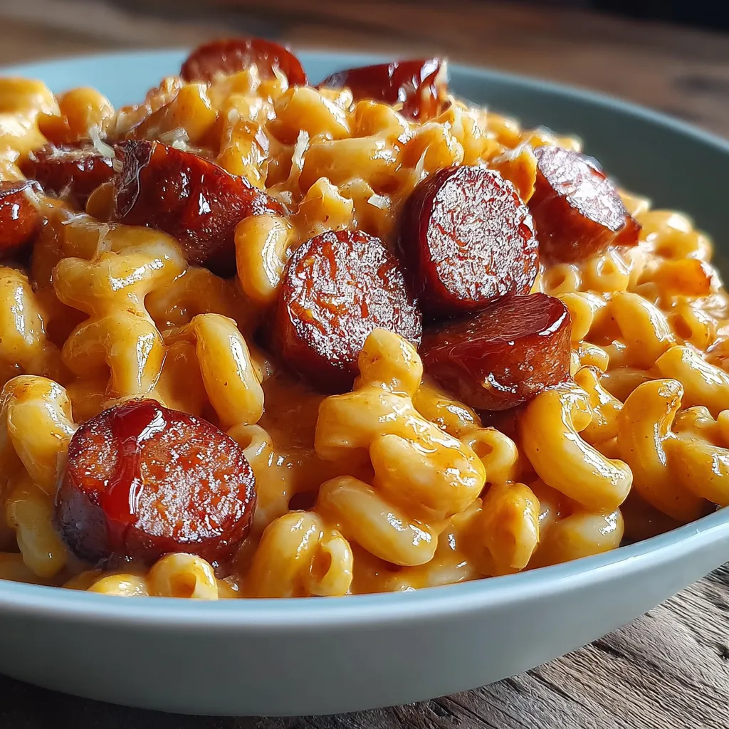 A bowl of macaroni and cheese with sausage.
